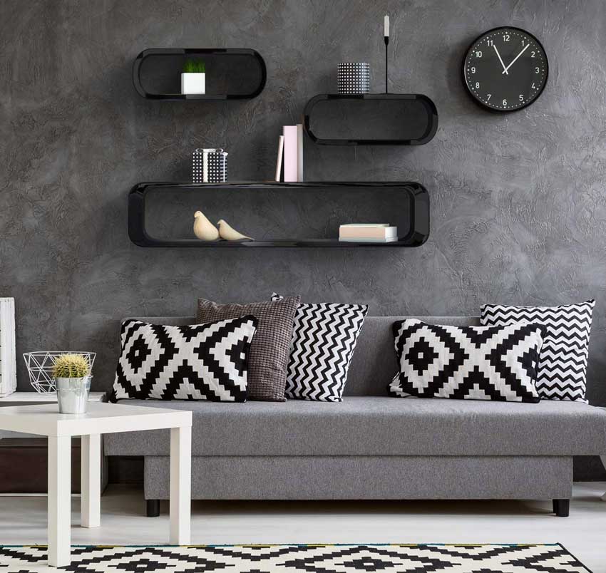 Etagères noires design aux forme arrondies, ideal pour décorer un salon moderne.