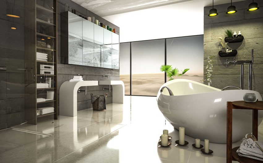 baignoire moderne dans cette salle de bain, meuble lavabo design blanc, murs effet pierre.