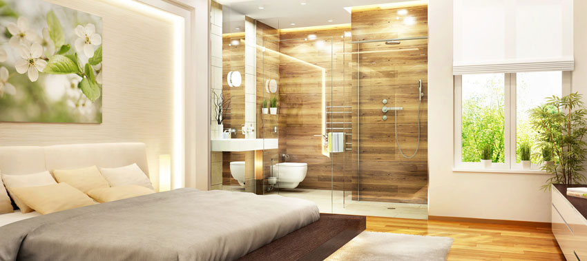 Belle salle de bain dans cette chambre avec un beau carrelage imitation bois.