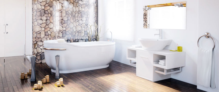 Salle de bains au design moderne, ambiance spa avec un mur effet pierre.