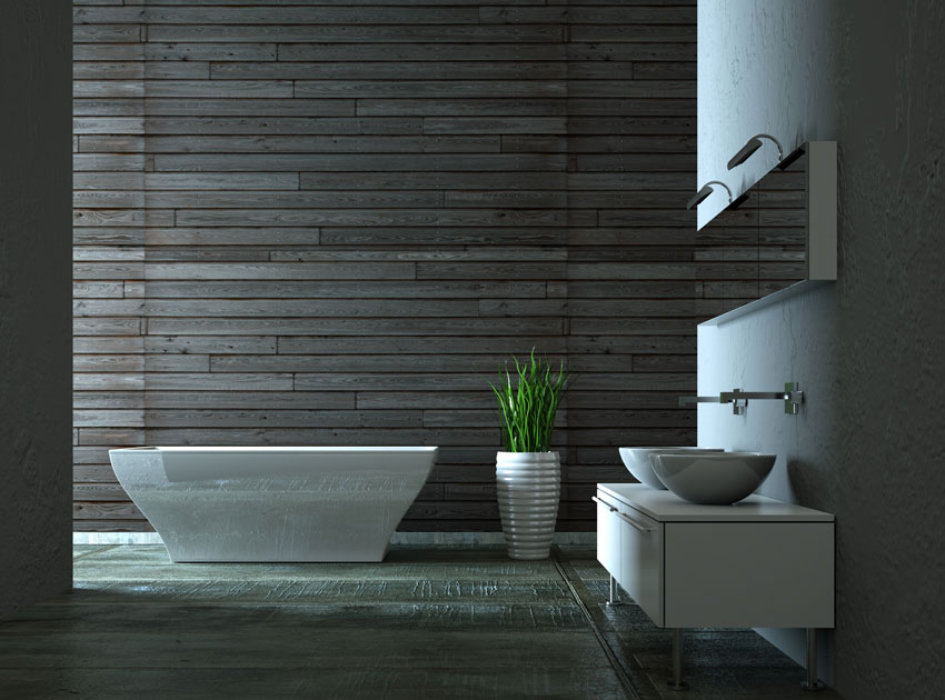 Salle de bains au design simple et moderne, sanitaires blancs et murs gris foncé.