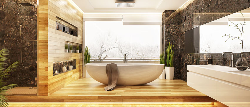salle de bain moderne avec carrelage effet bois et baignoire design blanche.