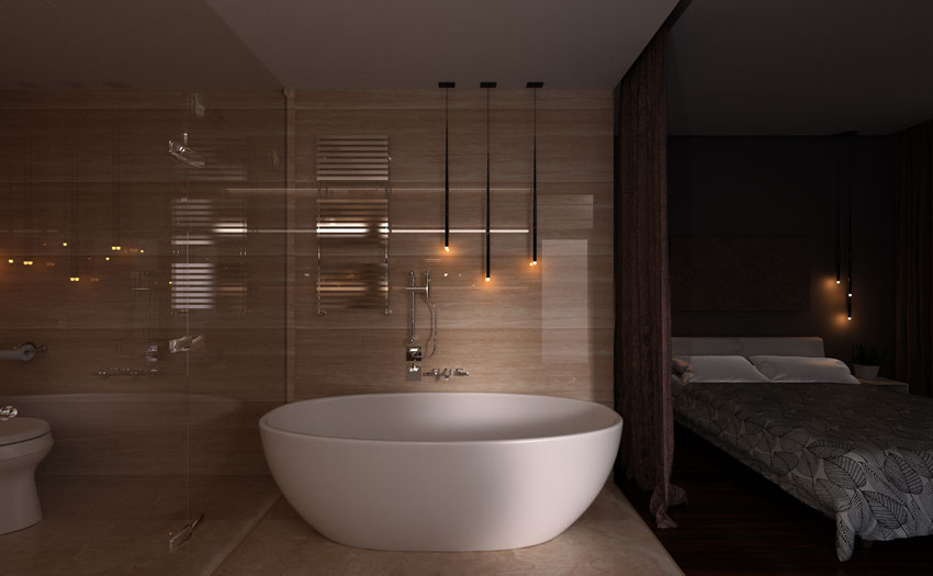 Salle de bain dans la chambre à coucher avec éclairage LED, carrelage imitation bois et baignoire blanche.