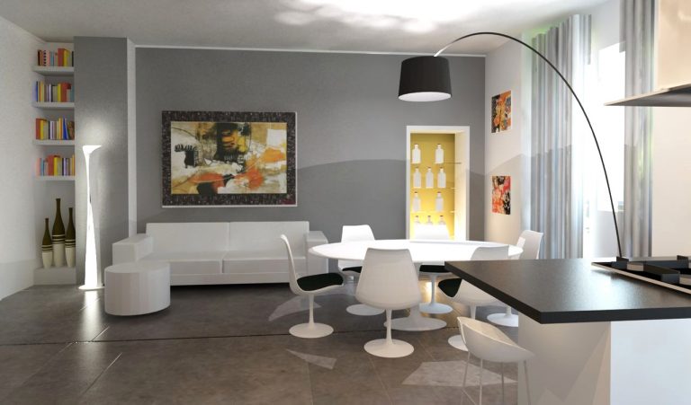 Salon avec murs en placoplâtre, canapé et fauteuils blancs.