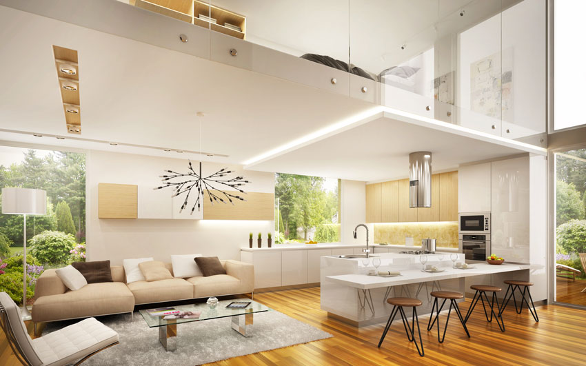 Magnifique loft open space, grande cuisine ouverte sur le salon style moderne.