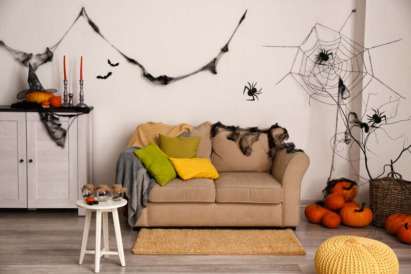 Décoration Halloween avec fausses toiles d'araignée.