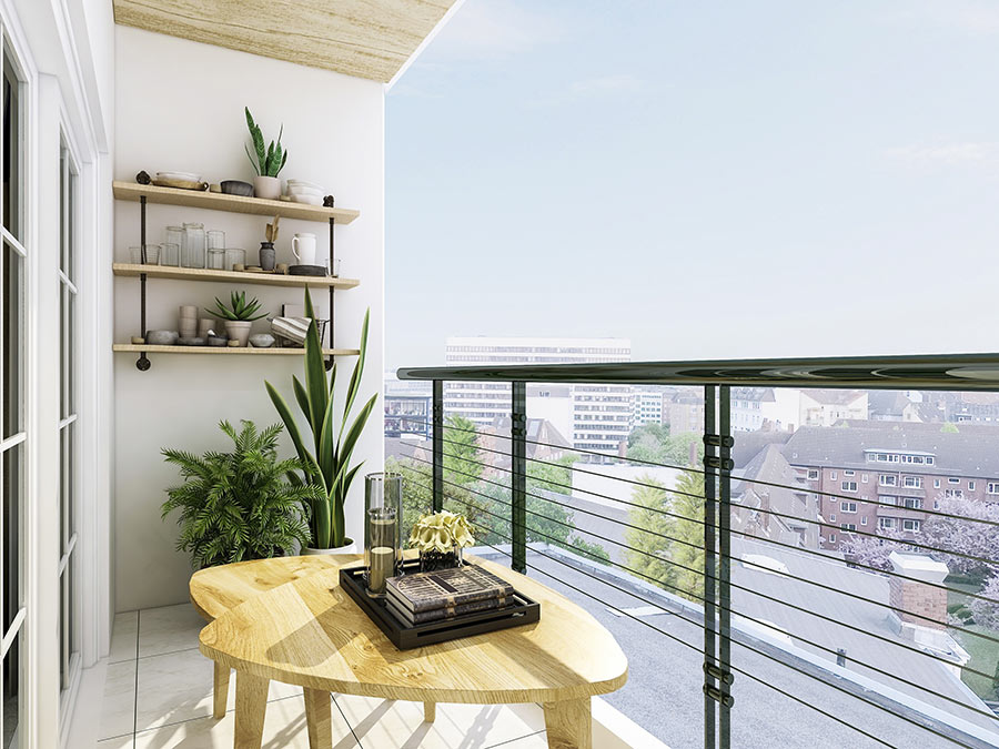 Balcon aménager avec table basse en bois clair et étagères de plantes.