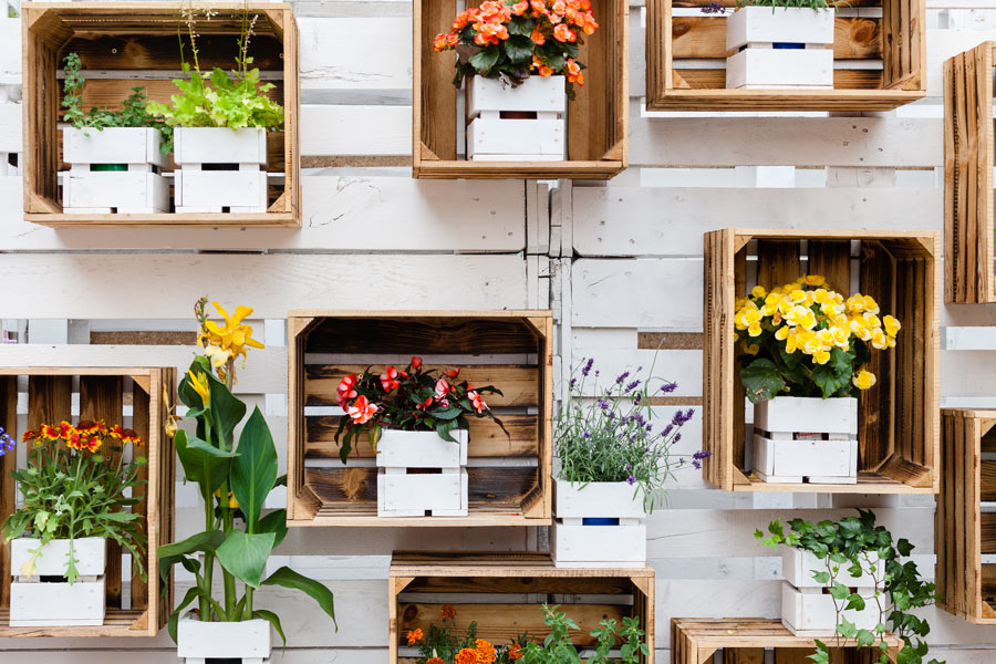 Des étagères avec des caisses en bois et des fleurs pour décorer l'extérieur au printemps.