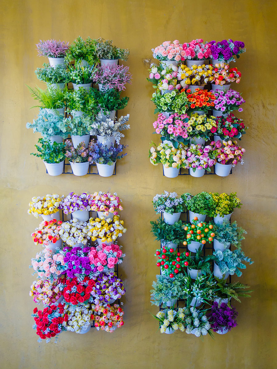 Jardin vertical avec des petits pots de fleurs.