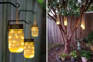 Lanternes DIY dans le jardin avec des pots en verre recyclés