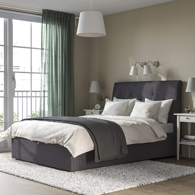 IDANÄS Letto imbottito con contenitore, Gunnared grigio scuro, 140x200 cm