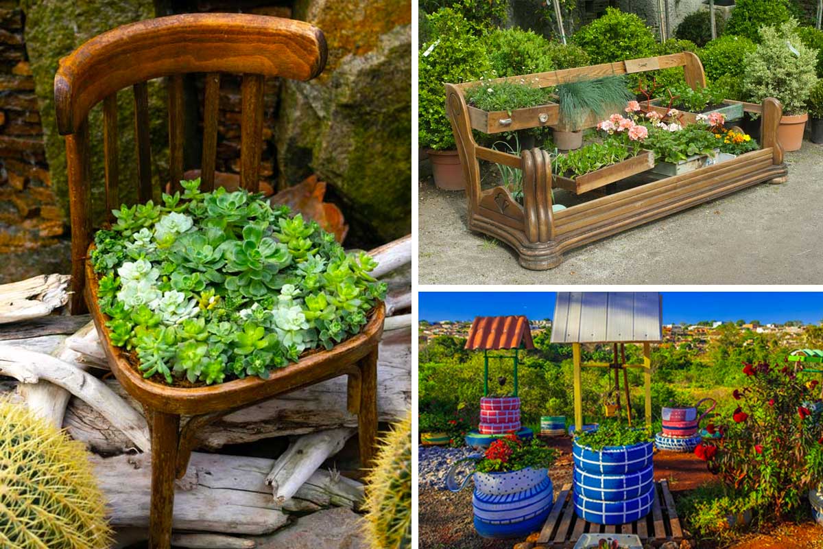 Aménager le jardin de manière créative en recyclant meubles et vieux objets.