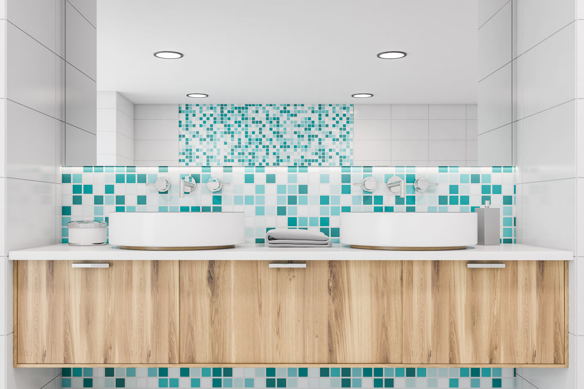 Magnifique magno avec des carreaux de mosaïque blancs et turquoise.