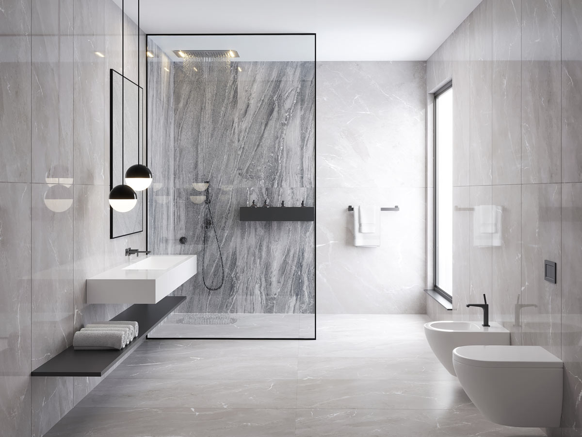 Salle de bains moderne avec douche et pierre naturelle