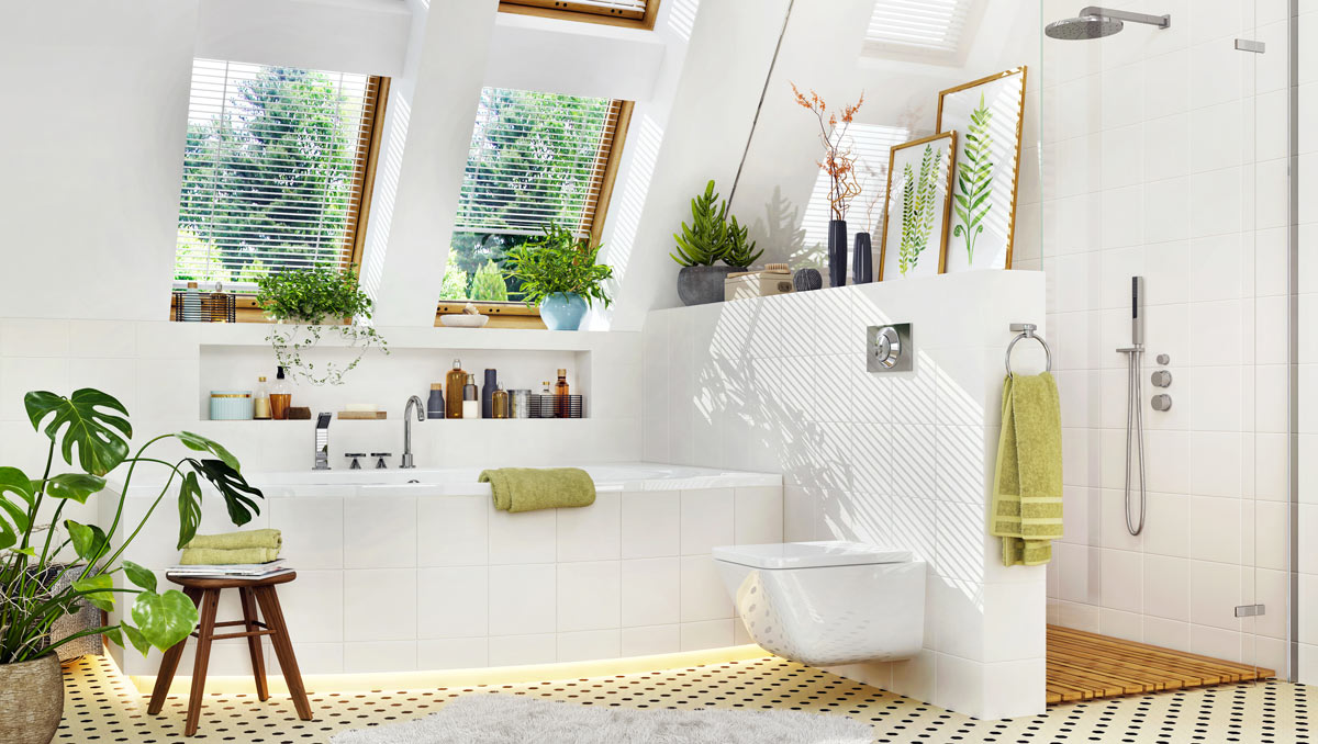 Salle de bain blanche très lumineuse avec sol en mosaïque.