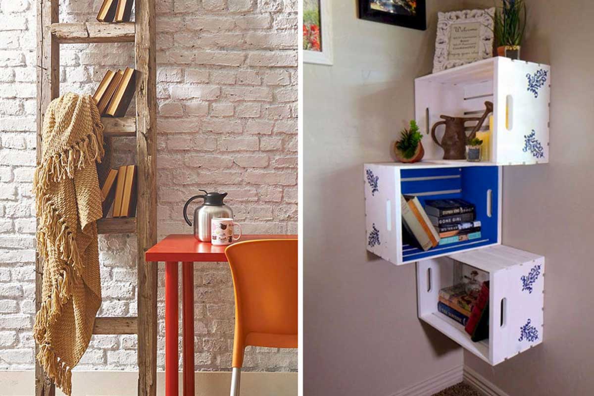 bibliothèque DIY avec objets de récupération