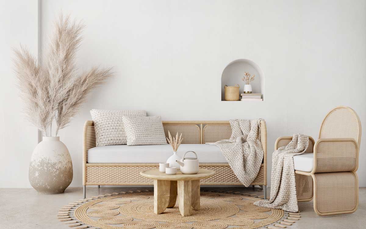 Vase de pampa dans un salon avec des meubles en osier.