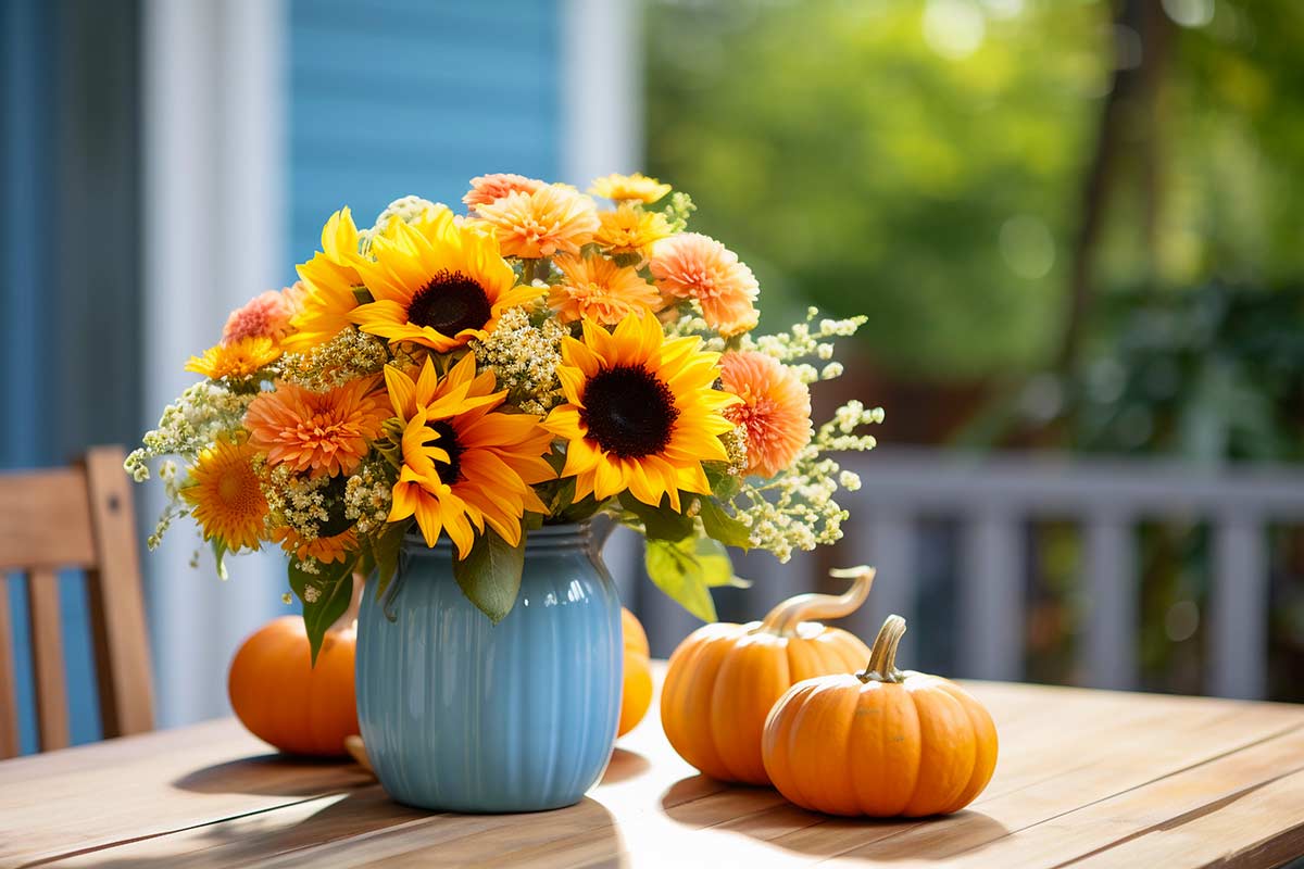 vase couleur pastel avec fleurs d'automne