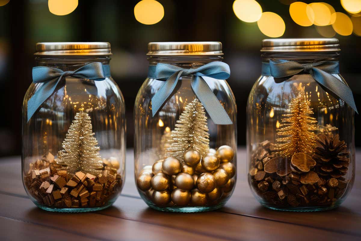 Bocaux en verre recyclé avec des petits sapins de Noël dorés