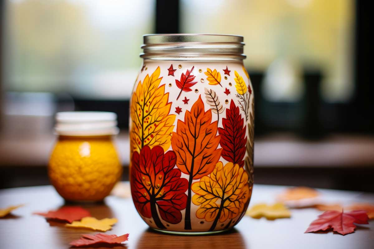 bocal en verre avec feuilles peintes