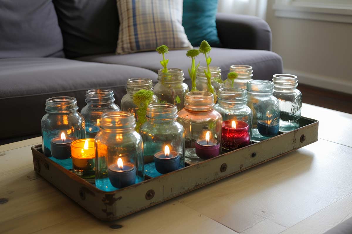 Centre de table avec des bougeoirs faits à partir de pots en verre recyclés