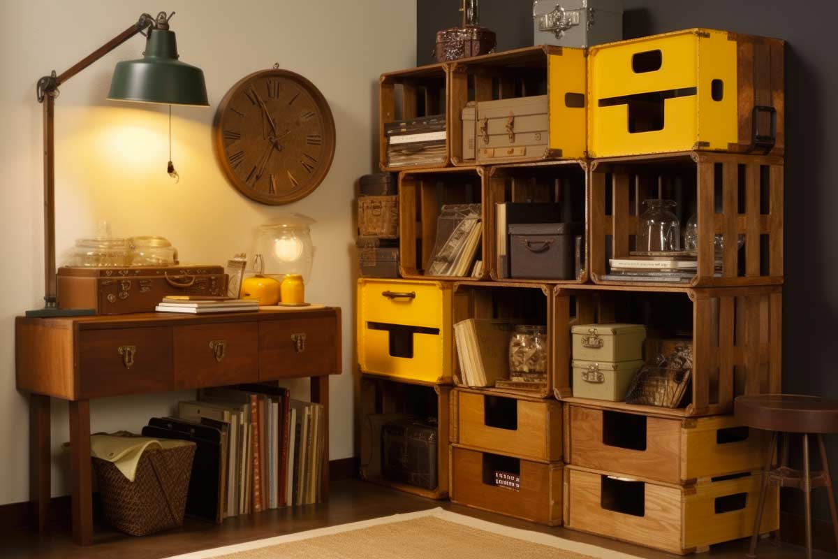 Bibliothèque vintage avec des caisses en bois