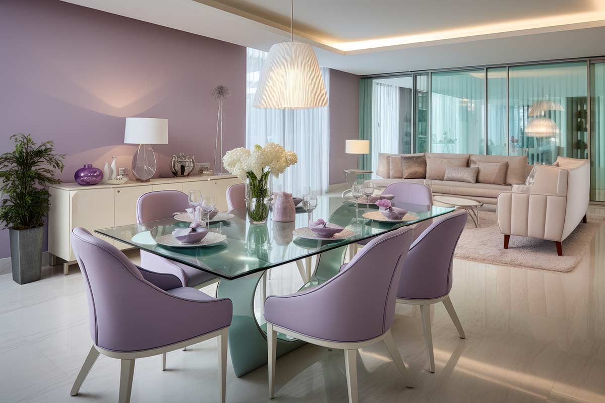 intérieur élégant avec table en verre e élément en violet clair et blanc