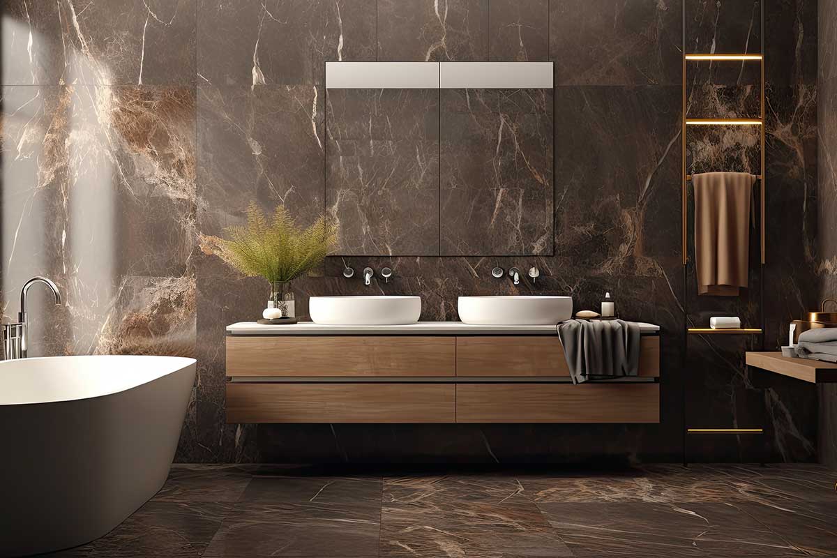 Salle de bain moderne avec des grands carreaux.