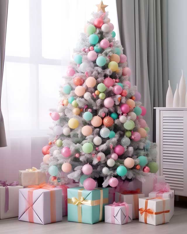 Sapin de Noël avec boules pastel. 