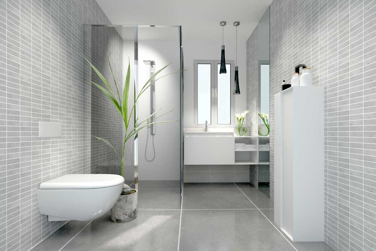 Carrelage grand format dans petite salle de bain moderne.