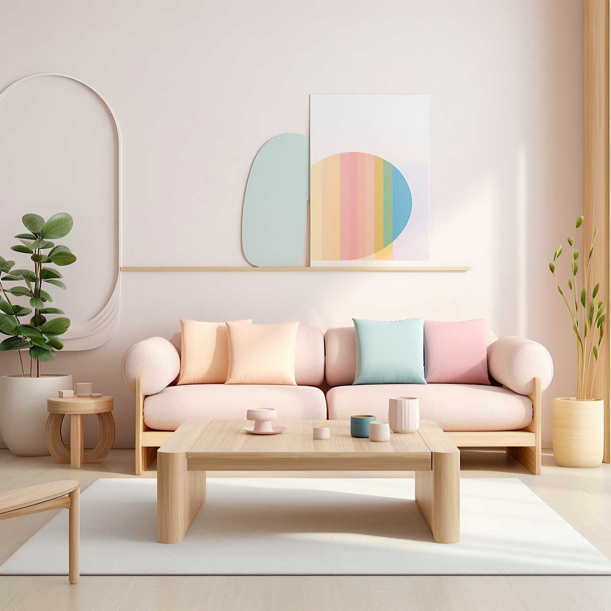 séjour avec mur beige pastel